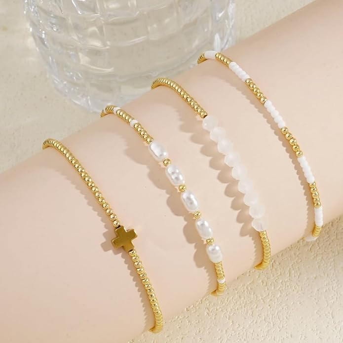 Gold Plated Beaded Pearl Bracelet Stack for Women,Dainty Stretch Gold Non Tarnish Stackable Bracelets Fashion Prom Party Accessories Jewelry Gift Friendship