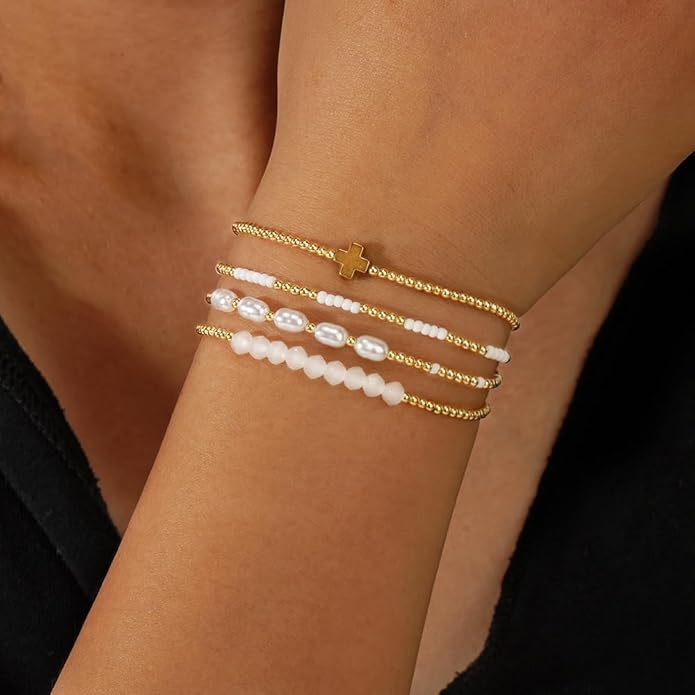 Gold Plated Beaded Pearl Bracelet Stack for Women,Dainty Stretch Gold Non Tarnish Stackable Bracelets Fashion Prom Party Accessories Jewelry Gift Friendship
