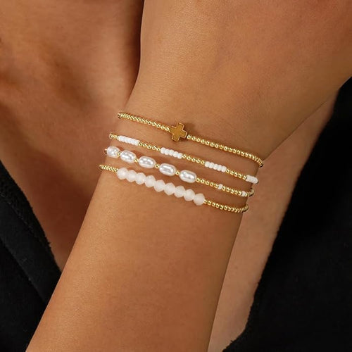 Gold Plated Beaded Pearl Bracelet Stack for Women,Dainty Stretch Gold Non Tarnish Stackable Bracelets Fashion Prom Party Accessories Jewelry Gift Friendship