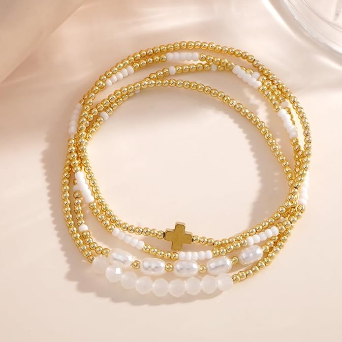 Gold Plated Beaded Pearl Bracelet Stack for Women,Dainty Stretch Gold Non Tarnish Stackable Bracelets Fashion Prom Party Accessories Jewelry Gift Friendship
