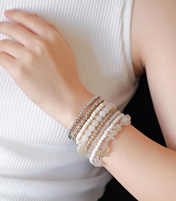 Boho Beaded Bracelets for Women Stackable Irregular Natural Stone Bead Stretch Bracelet Set 8PCS Costume Jewelry Gifts for Her