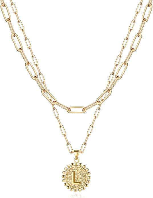 Layered Initial Necklaces for Women Trendy - 14K Gold-Plated Dainty Layering Paperclip Chain Coin Initial Necklace Jewelry Gifts for Women Mom Wife Teen Girls