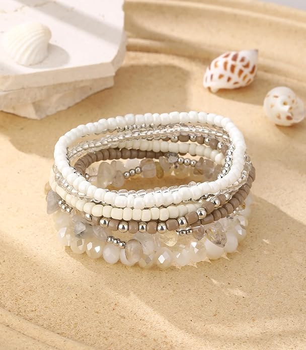 Boho Beaded Bracelets for Women Stackable Irregular Natural Stone Bead Stretch Bracelet Set 8PCS Costume Jewelry Gifts for Her