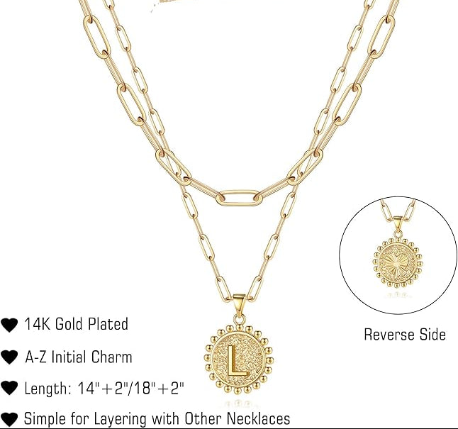 Layered Initial Necklaces for Women Trendy - 14K Gold-Plated Dainty Layering Paperclip Chain Coin Initial Necklace Jewelry Gifts for Women Mom Wife Teen Girls