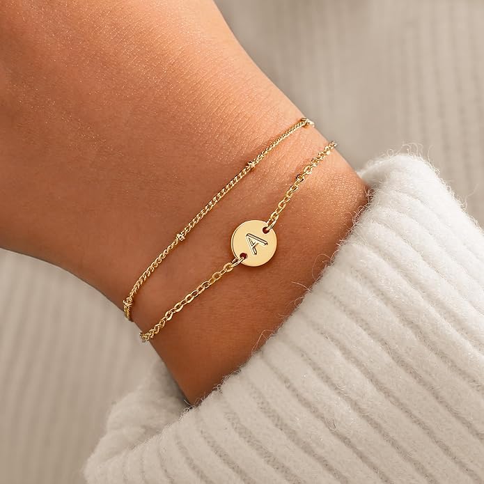 Gold Initial Bracelets for Women Girls Jewelry Gifts Trendy - Dainty 18K Gold Plated Disc Monogram Letter A-Z Initial Bracelets for Women Girls Teens Personalized Letter Bracelet Birthday Gifts