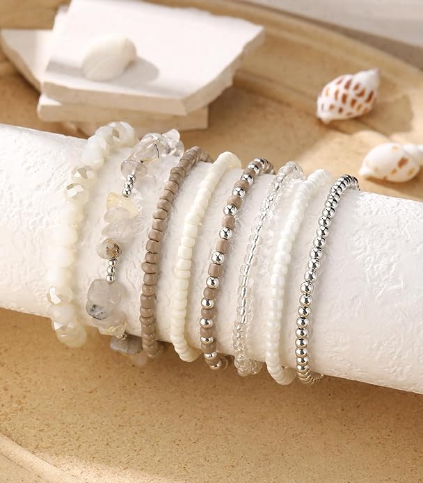 Boho Beaded Bracelets for Women Stackable Irregular Natural Stone Bead Stretch Bracelet Set 8PCS Costume Jewelry Gifts for Her