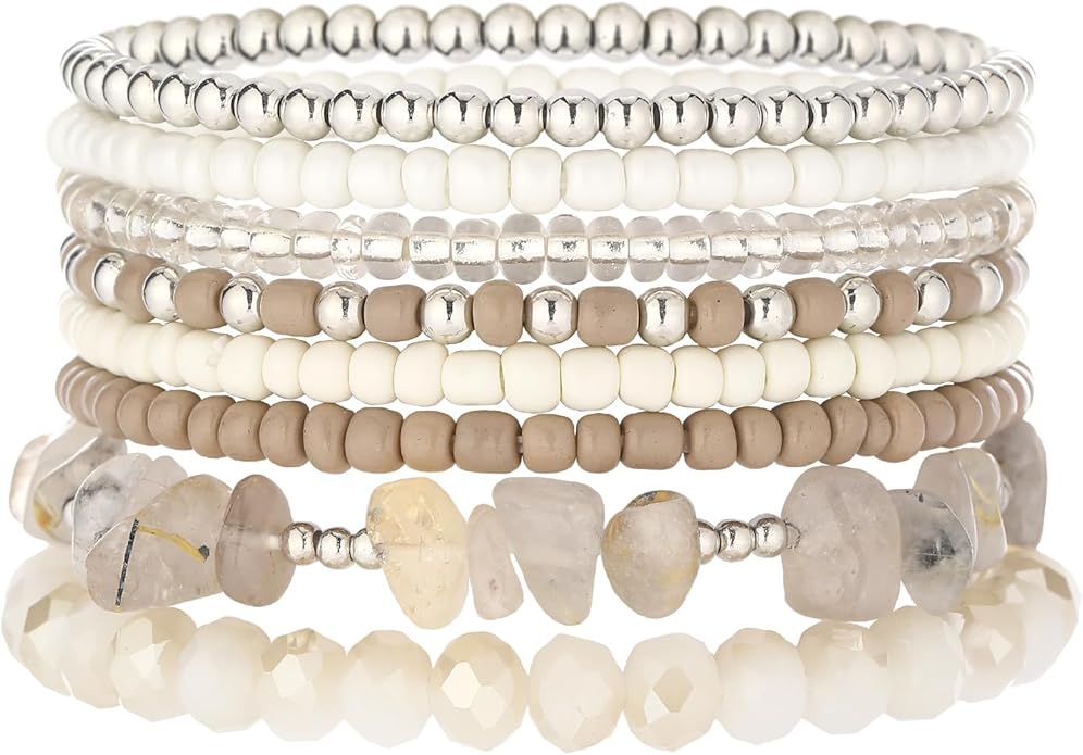 Boho Beaded Bracelets for Women Stackable Irregular Natural Stone Bead Stretch Bracelet Set 8PCS Costume Jewelry Gifts for Her