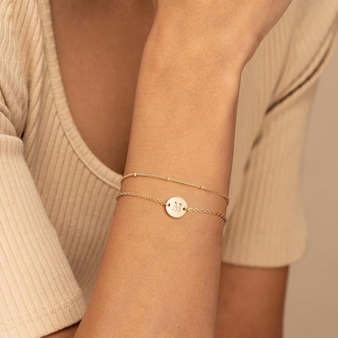 Gold Initial Bracelets for Women Girls Jewelry Gifts Trendy - Dainty 18K Gold Plated Disc Monogram Letter A-Z Initial Bracelets for Women Girls Teens Personalized Letter Bracelet Birthday Gifts