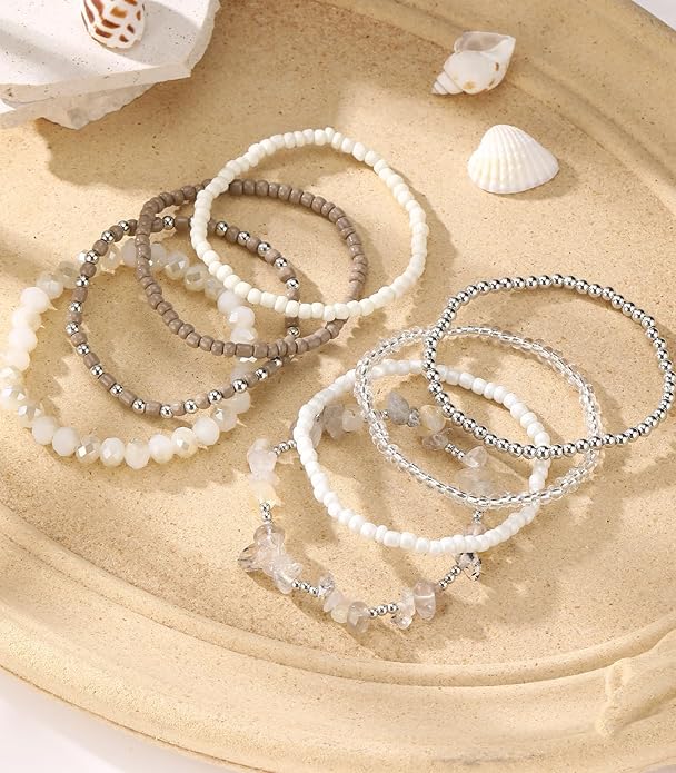 Boho Beaded Bracelets for Women Stackable Irregular Natural Stone Bead Stretch Bracelet Set 8PCS Costume Jewelry Gifts for Her