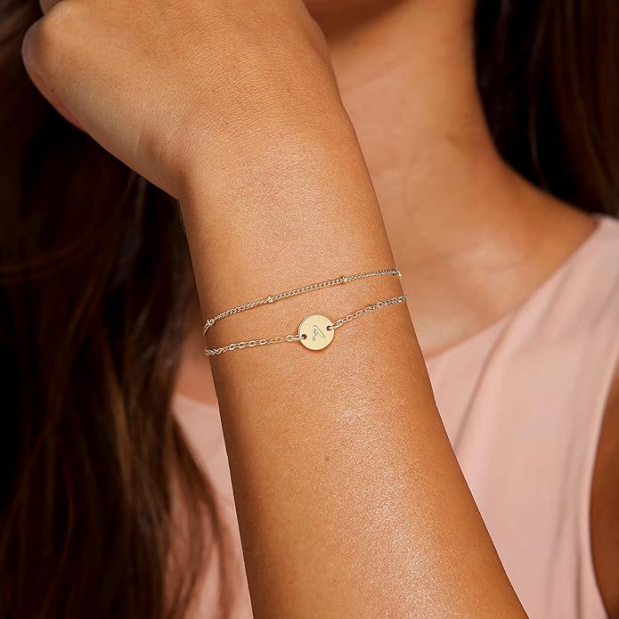 Gold Initial Bracelets for Women Girls Jewelry Gifts Trendy - Dainty 18K Gold Plated Disc Monogram Letter A-Z Initial Bracelets for Women Girls Teens Personalized Letter Bracelet Birthday Gifts