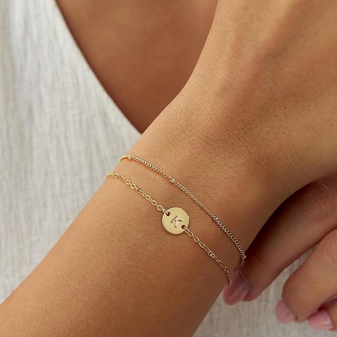 Gold Initial Bracelets for Women Girls Jewelry Gifts Trendy - Dainty 18K Gold Plated Disc Monogram Letter A-Z Initial Bracelets for Women Girls Teens Personalized Letter Bracelet Birthday Gifts